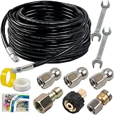Hourleey Sewer Jetter Kit for Pressure Washer 50FT, Drain Cleaner Hose 1/4 Inch NPT, Orifice 4.0 Button Nose and Rotating Sewer Jetting Nozzle Spanner Tape Pearl Corsage Pin, 4000 PSI