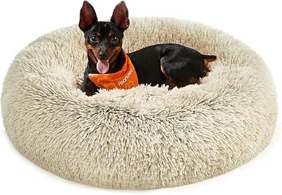 Feandrea Donut Dog Bed Cat Bed 60 cm Fluffy Long Plush Khaki