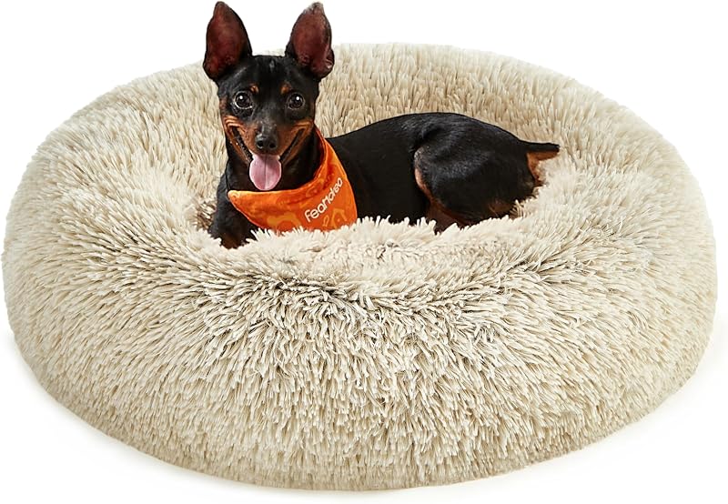 Feandrea Donut Dog Bed Cat Bed 60 cm Fluffy Long Plush Khaki