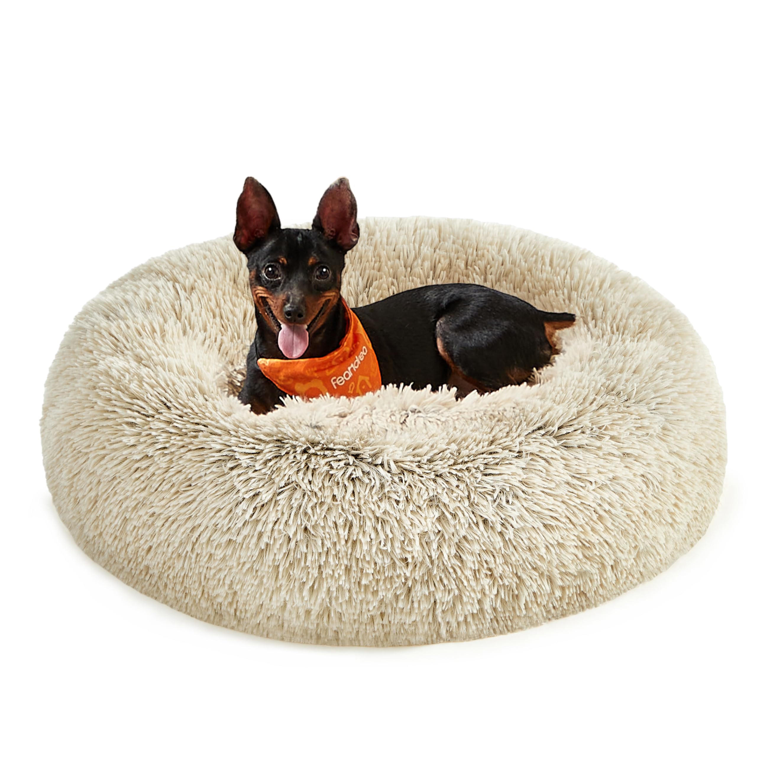 Feandrea Dog Bed, Donut Cat Bed, Fluffy Calming Pet Bed with Removable, Washable Cover, Soft Long Plush, 60 cm, Khaki
