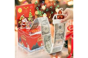 MVIIOE Christmas Money Box for Cash Gift Pull, DIY 3D Gift Money Holders Unique Christmas Decorations with 30Pcs Transparent Bags LED & Music for Kids Adults