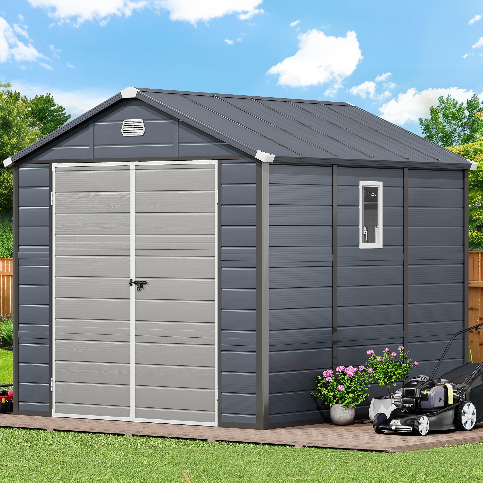 Photo 1 of (carton 3/4)
YITAHOME 8x9FT Resin Storage Unit sans Flooring, All-Weather Plastic Shed with Window, Vents and Secured Doors, Outdoor Plastic Tool Cabin for Poolside, Lawn, Backyard, Patio, Dark Gray