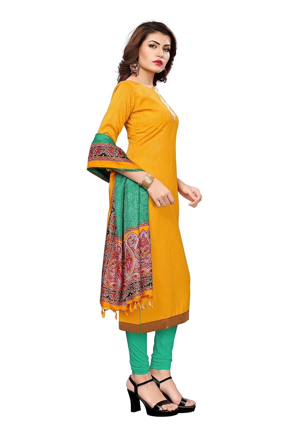 applecreation women's silk dress material(3006_yellow_free size)