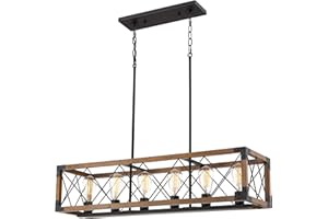 Beionxii Kitchen Island Lighting, 36 Inch 6 Light Farmhouse Linear Chandelier for Dining Room Pool Table Pendant Light Fixture, Wood Grain Finish