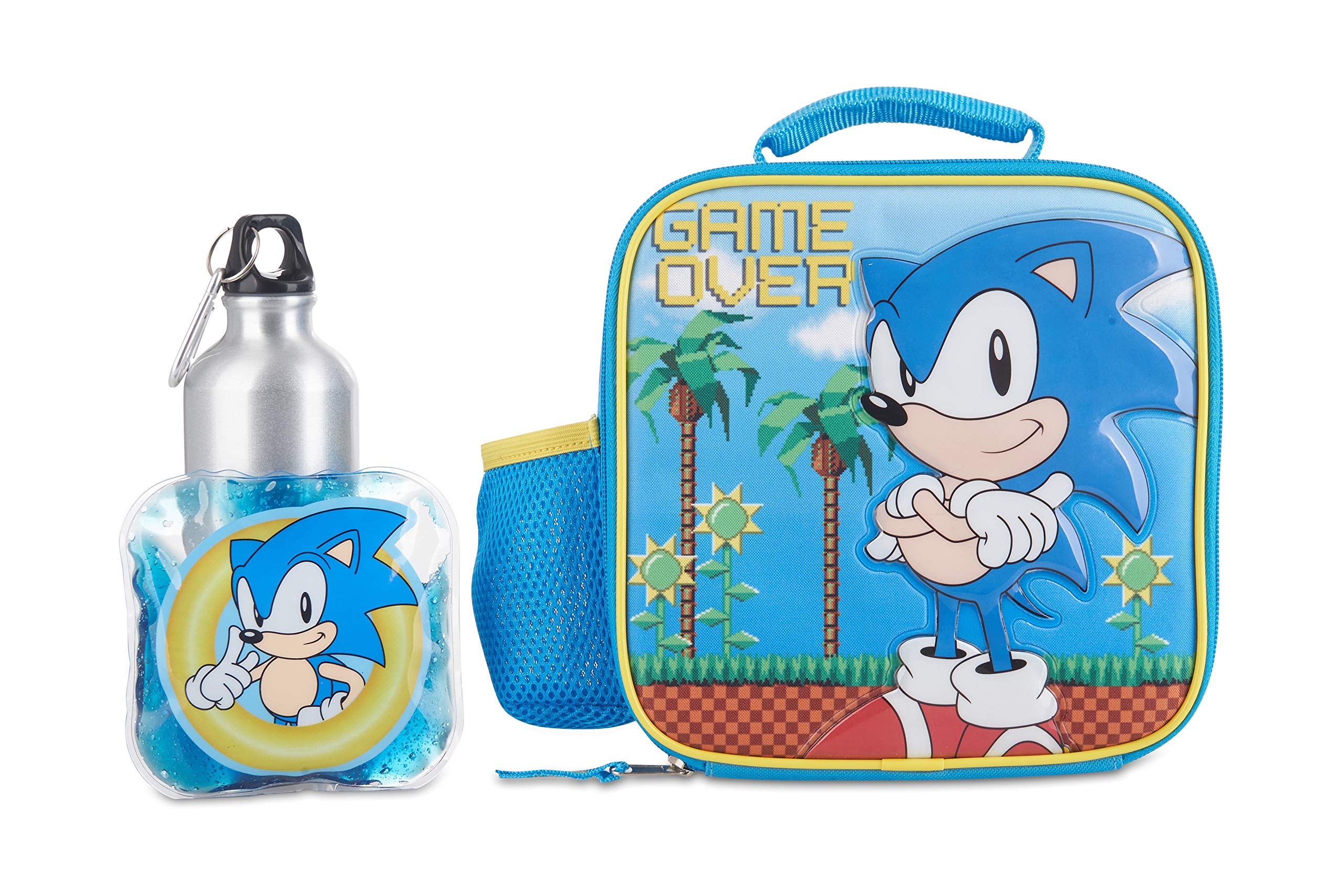 AI ACCESSORY INNOVATIONS Sonic Lunch Box Set for Boys & Girls, Stainless Steel Water Bottle with Carabiner Clip and Ice Pack, Insulated & Waterproof Lunch Bag with Zipper, 4 Pieces