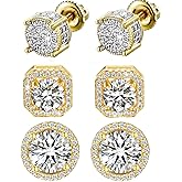 Stud Earrings for Men,18K White Gold Plated Round Square Cubic Zirconia Hypoallergenic Studs Earrings Set for Women