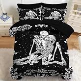 Nesker Comforter Set Queen Size, Gothic Kissing Skeleton Lover 7 Pcs Bedding for Kids and Adults, Rose Black Lovers Black Bed Sheet Sets with Fitted Sheet 2 Pillowcases & 2 Shams