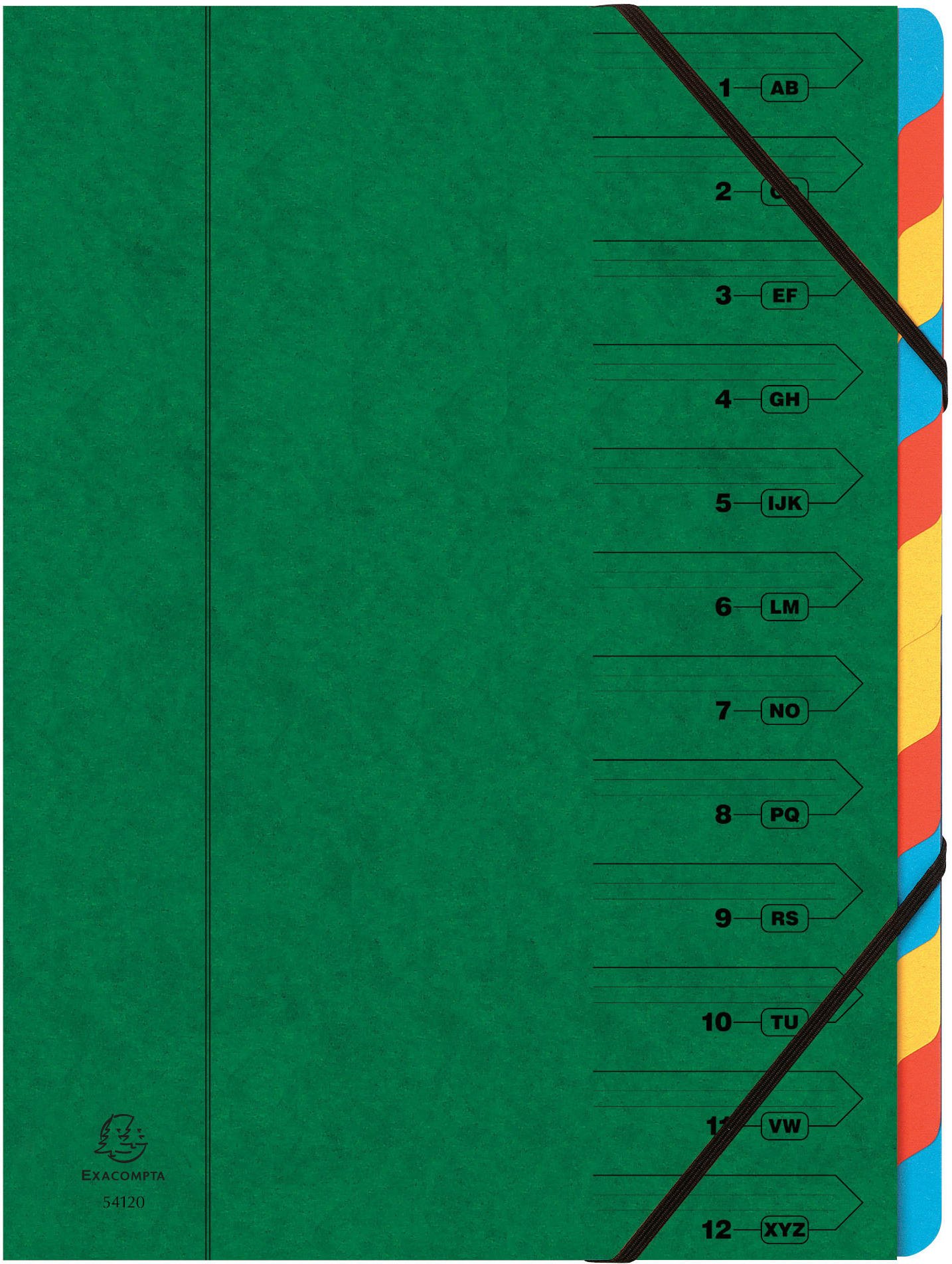 Exacompta - Ref 54123E - Stapled Spine Multipart File - 245 x 320mm in Size, Suitable for Storing A4 Documents - 12 Tabbed Sections - Green Cover with Multicoloured Tabs