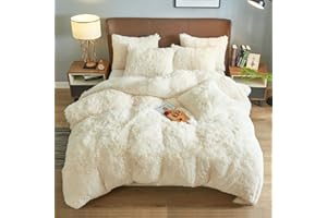 Dekoresyon Plush Duvet Cover Set, Luxury Ultra Soft Velvet Duvet Cover Set Fluffy Plush Shaggy Bedding Sets 4 Pieces(1 Duvet Cover + 2 Pillow Case + 1 Pillow Cover) Zipper Closure(King, Light Beige)