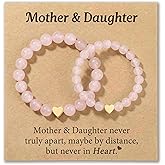 HGDEER Mother Daughter Bracelets Gifts, Rose Quartz Beads Heart Charm Jewelry Gifts Back to School Christmas Valentines Day Brithday Gifts with Quote Card and Velvet Gift Pouch