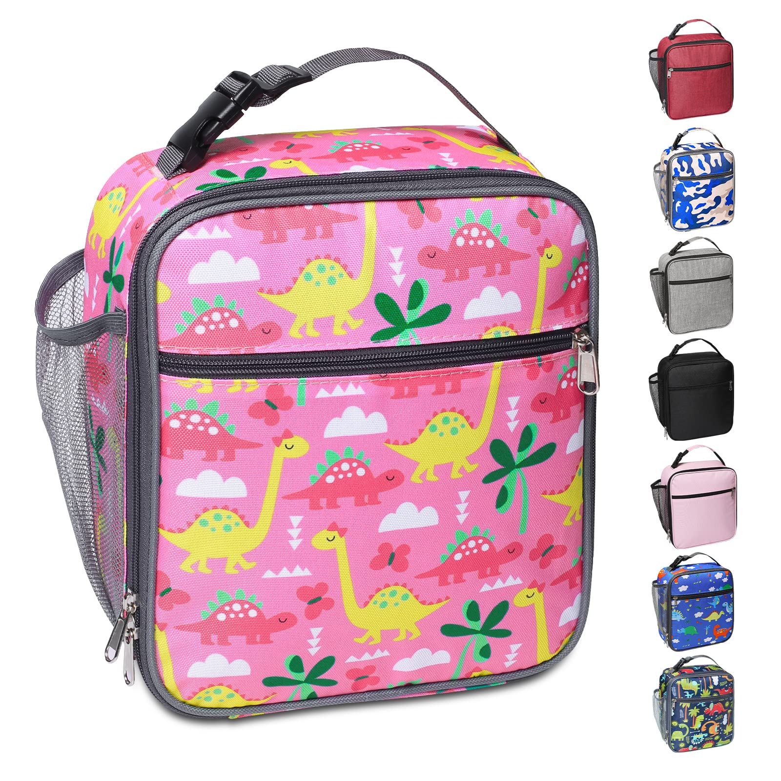 Apuucse Dinosaur Insulated Lunch Bag with Side Mesh Pocket for Kids/Boys/Girls/Child,Water-Resistant Leakproof Soft Cooler Bag Durable Portable Thermal Lunch Box for School/Picnic/Outdoor(Pink)