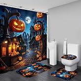Yddsky 4PCS Halloween Street Shower Curtain Sets for Bathroom,72x72 Inch | Bathroom Shower Curtain Set with 12 Hooks Bath Mat Toilet Cover U Mat,72x72 Inches,Waterproof,Bathroom Accessory Sets