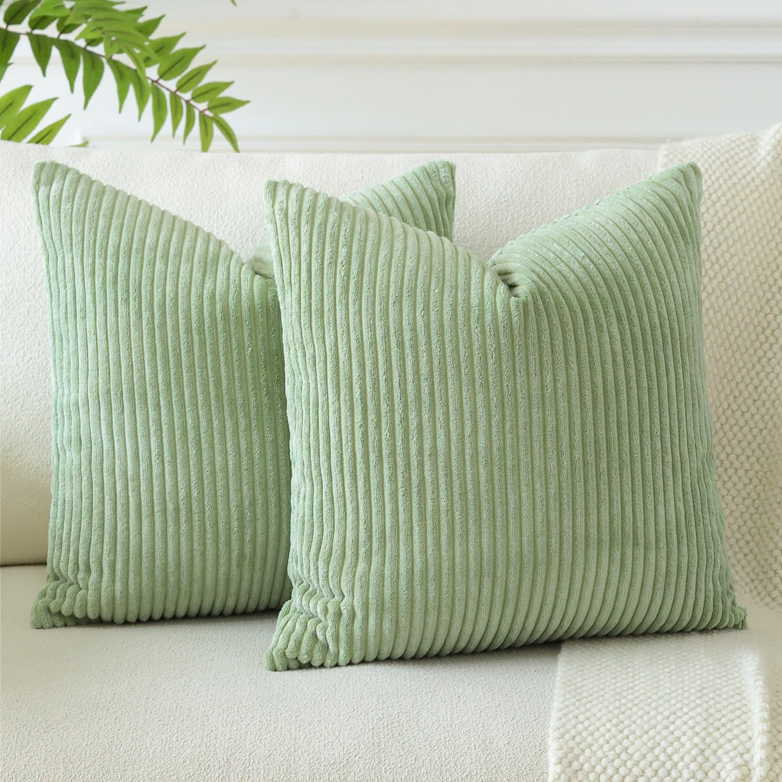 JOTOM Soft Striped Decorative Throw Pillow Covers 24x24 Inch Square Corduroy Cushion Covers 60x60 cm Home Decor Pillowcase Cushion Cases for Sofa Bed Couch Living Room Set of 2 (Sage Green) — image 1