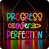 Progress Over Perfection Neon Sign, Positive Affirmation LED Light for Wall Decor Multicolored Signs for School Motivational Classroom Kids Room Home Compatible with Timer (15.7 X 12.6 in)