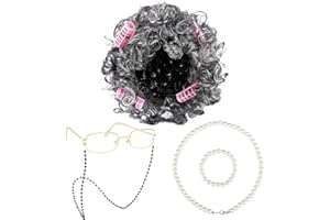 URATOT 5 Pieces Halloween Old Lady Wig Costume Set Grandma Wig Hair Rollers Glasses Chain Necklace Bracelet