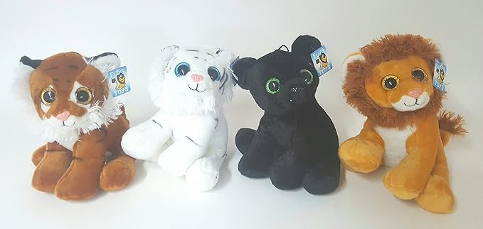 Flos Toys Glubschi - Verschiedene Plüschtiere mit Glitzeraugen - Löwe/Tiger/Weißer Tiger/Puma ca.26 cm - Ab 3 Jahren