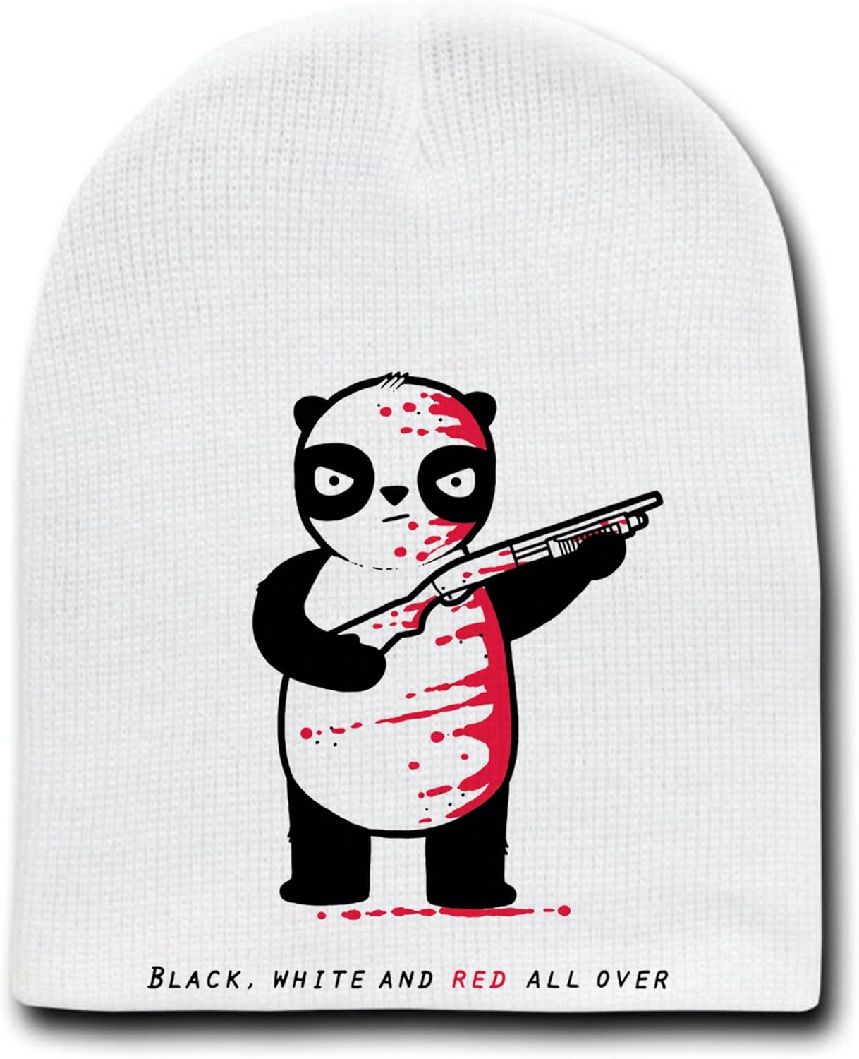 Funny Panda Bearw/Shotgun Riddle Cartoon-White Beanie Skull Cap/Hat