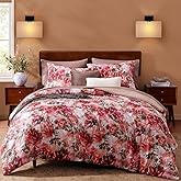 CASAAGUSTO Queen Comforter Set, 7 PCS Red Rose Floral Comforter Set with Flowers Leaves Pattern, Soft Seersucker Design All Season Queen Size Bedding Set(90"X90")