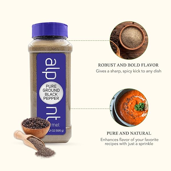 ALPONT GOURMET, PURE GROUND BLACK PEPPER 21OZ (595G), ALL NATURAL, NON-GMO, PACKED TO KEEP IT FRESH, PREMIUM QUALITY