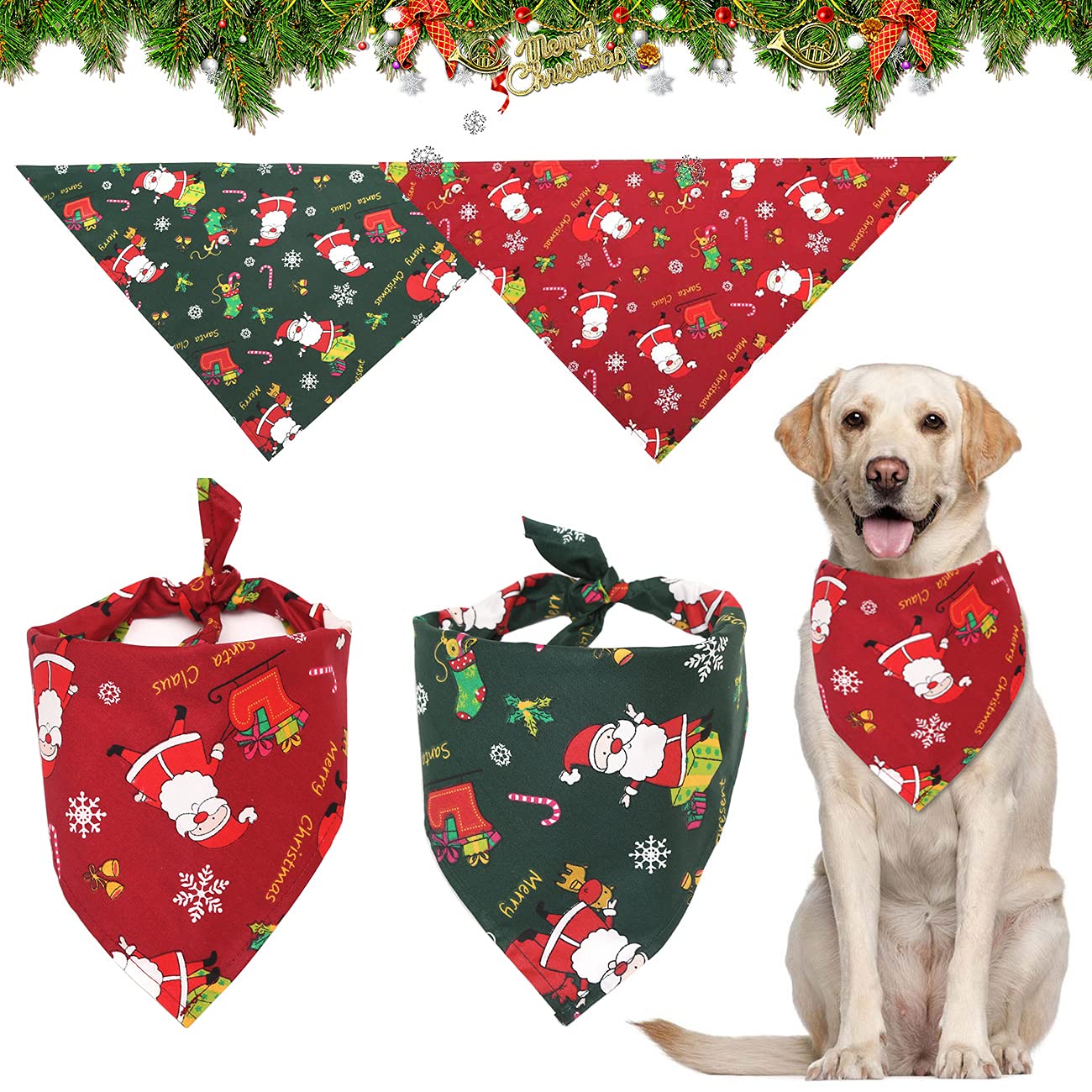 Christmas Dog Bandanas, 2 Pcs Christmas Pet Scarf Xmas Dog Gifts Santa Outfits Triangle Bibs Washable Adjustable Kerchief, Pets Costume Accessories Bow Ties Decoration for Small Medium Dogs Cats