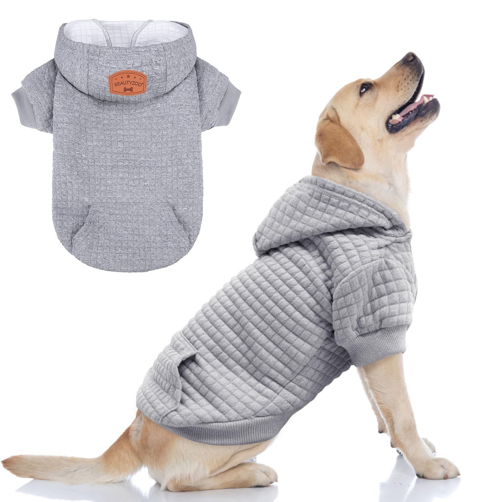 BEAUTYZOO Small Dog Hoodie Sweater with Pockets, Dog Clothes for Small Medium Dogs Boy Girl, Waffle-like Laminated Cotton Pet Coats with Hat and Leash Hole, All Weather Coat for Puppy Doggie Chihuahua