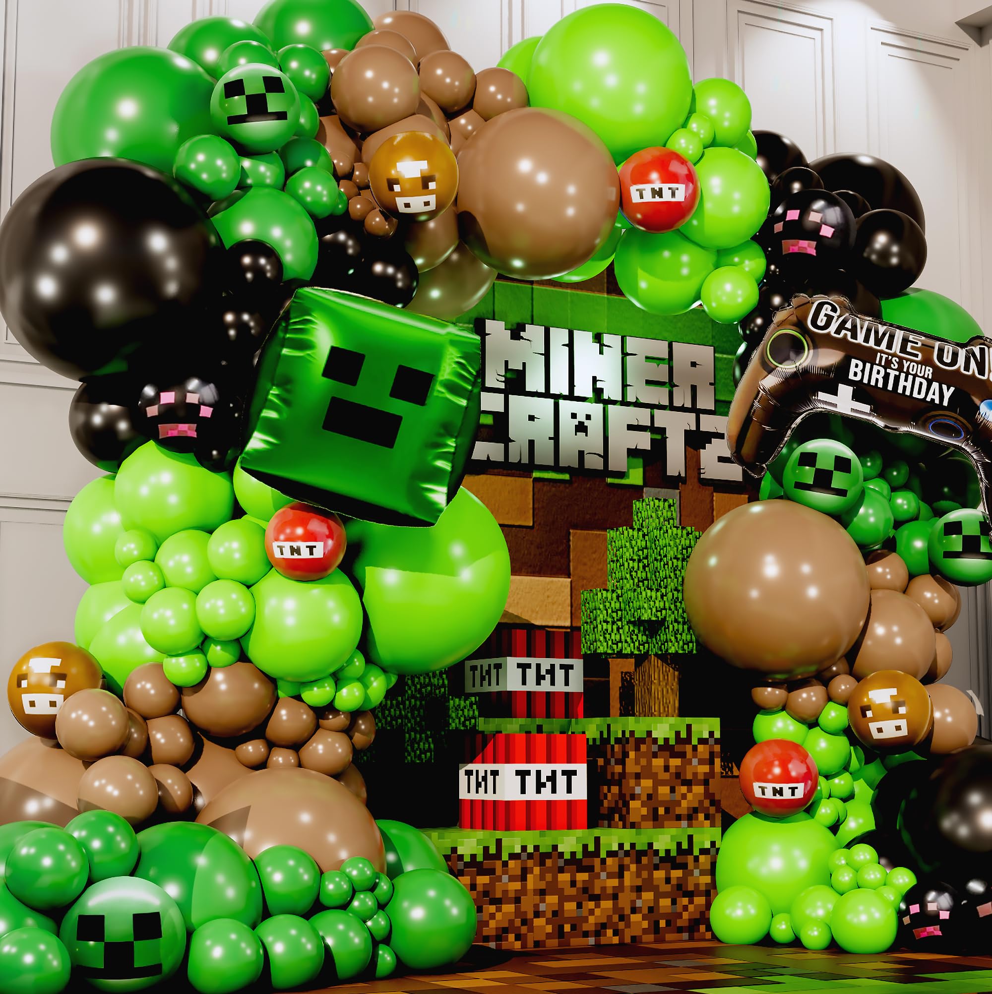 Photo 1 of ALL-IN-1 Pixel Balloon Arch Kit with BONUS Creeper & Game Controller Balloons for Miner Birthday Decorations - Green Brown Black Balloons for Pixel Birthday Decorations & Video Game Party Supplies