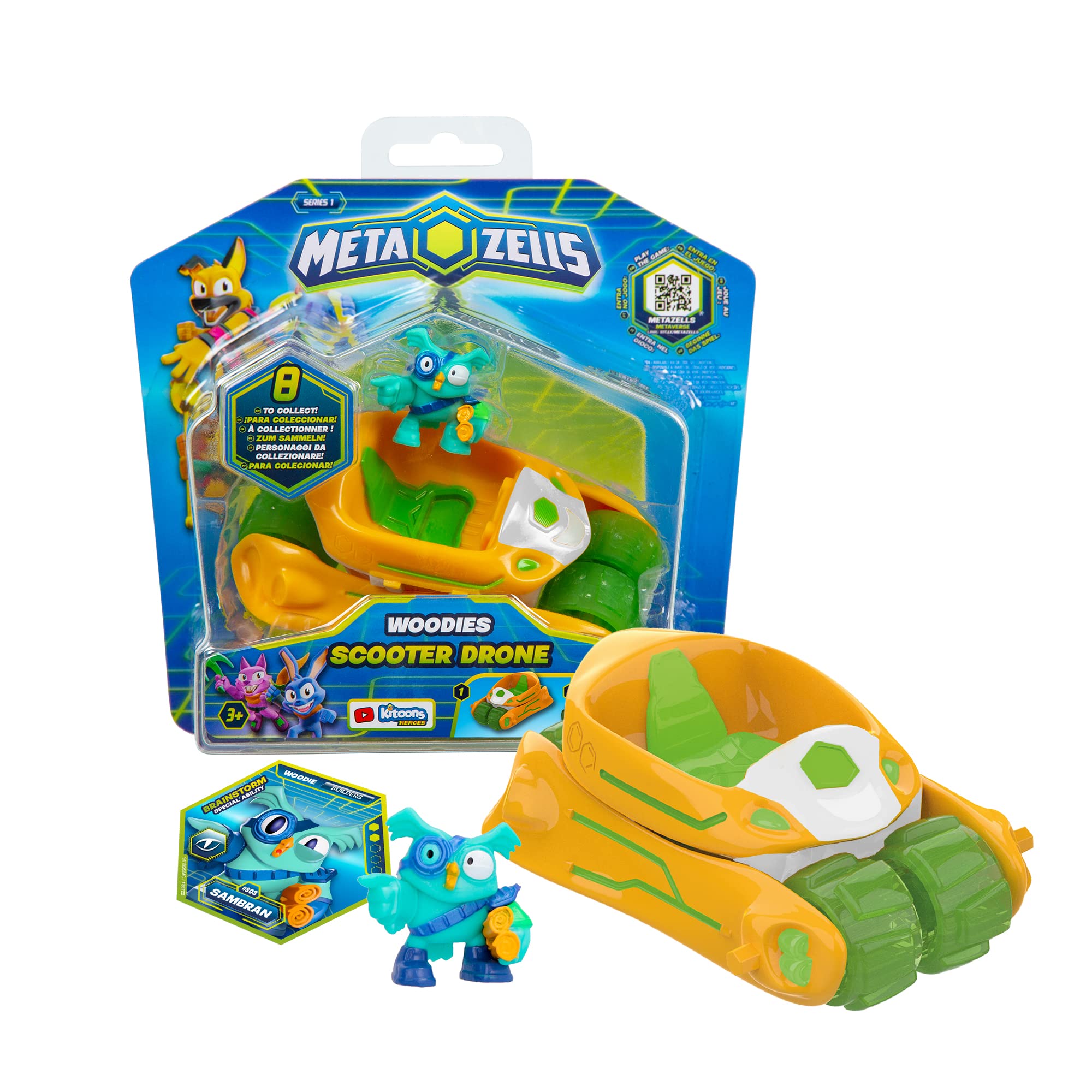 METAZELLS Orange Drone Scooter + Figure Character Sam Bran S1 + 1 Card, Vehicle Transforms into Drone, Toy Gift for Boys and Girls + 3 Years