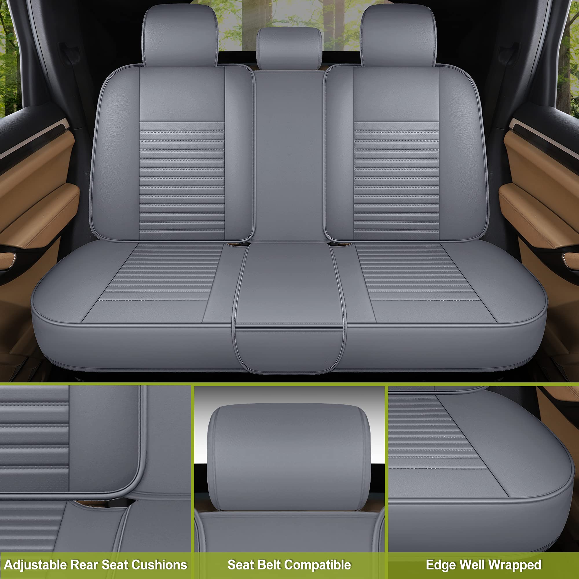 AOOG Leather Car Seat Covers, Leatherette Automotive Seat Covers for Cars SUV Pick-up Truck, Non-Slip Vehicle Car Seat Covers Universal Fit Set for Auto Interior Accessories, Full Set, Gray