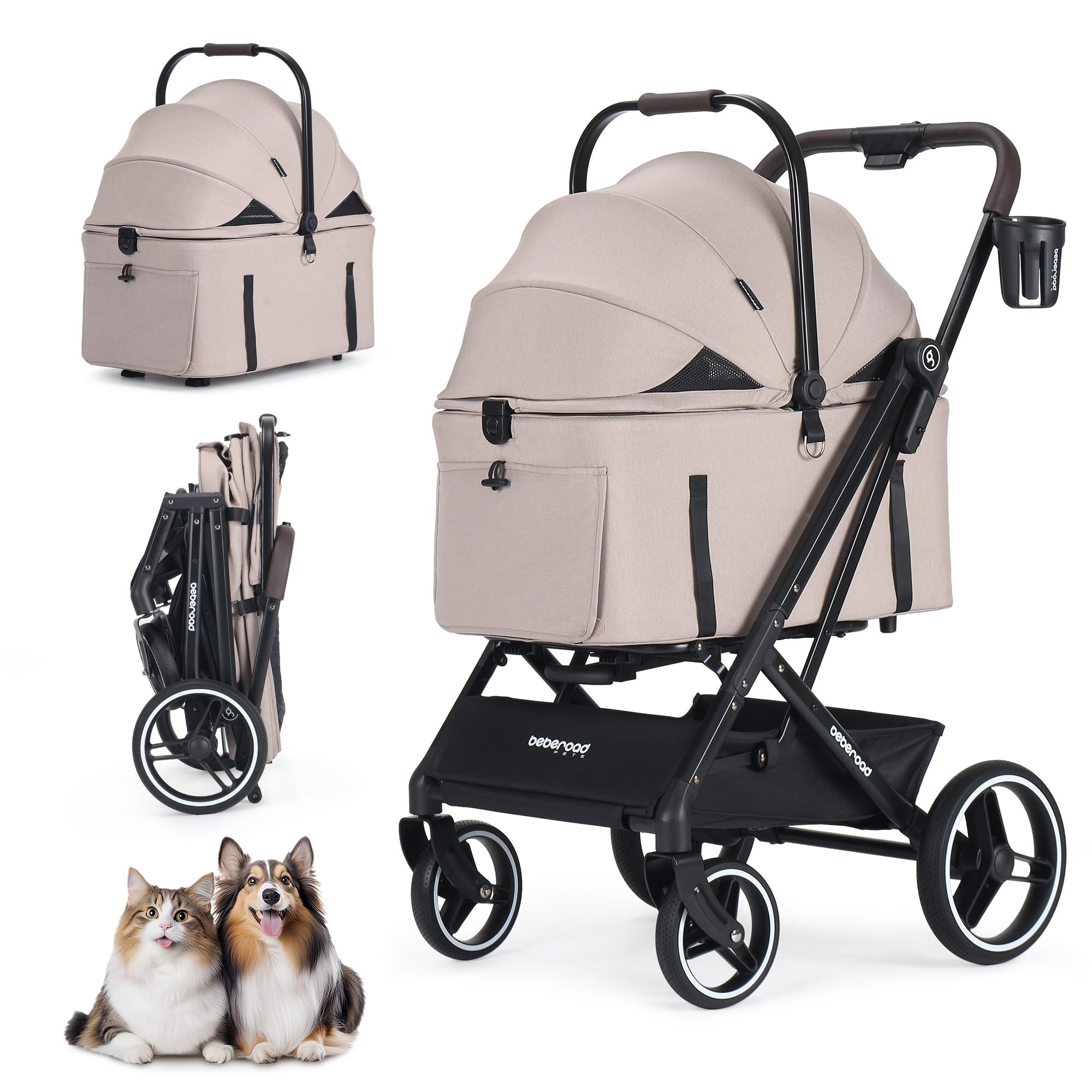 Photo 1 of BEBEROAD X3 2 in 1 Pet Stroller for Medium or Two Small Dogs & Cats 4 Wheels Lightweight Foldable Carrier Dog Stroller with Waterproof Weather Cover Cup Holder,Storage Basket(Camel)