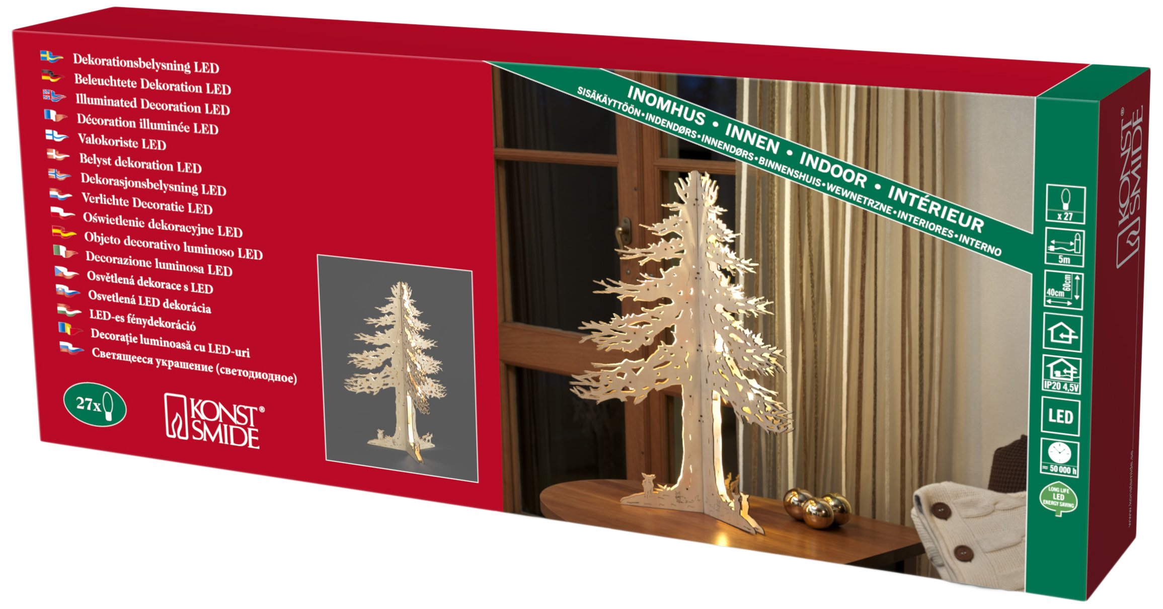 Konstsmide 2849-100 LED "Baby Reindeers Around a Pine Tree" Wood Welcome Light, Natural Wood / For Indoor Use (IP20) / 4.5V Internal Transformer or Battery Operation / 27 Warm White Diodes / Transparent Cable