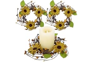 FineCheer 2 Pcs Retro Sunflower Spring Candle Wreaths 6 Inch Candle Rings with Iron Bee Honeycomb Pip & Leaf Pillar Candle Wreaths for Holiday Kitchen Home Table Centerpiece Indoor Outdoor Display
