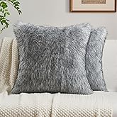 FUTEI Grey White Decorative Throw Pillow Covers 18x18 Inch Set of 2,Soft Faux Raccoon Fur Textured Cushion Case,Modern Home Luxurious Decor for Couch Bed Living Room