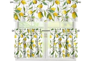 HUISEFOR Lemon Print Kitchen Curtain and Valances Set 3 Piece Washable Blackout Curtain Valances for Living Room/Bedroom Decor Small Window Curtains Panels Farmhouse Style