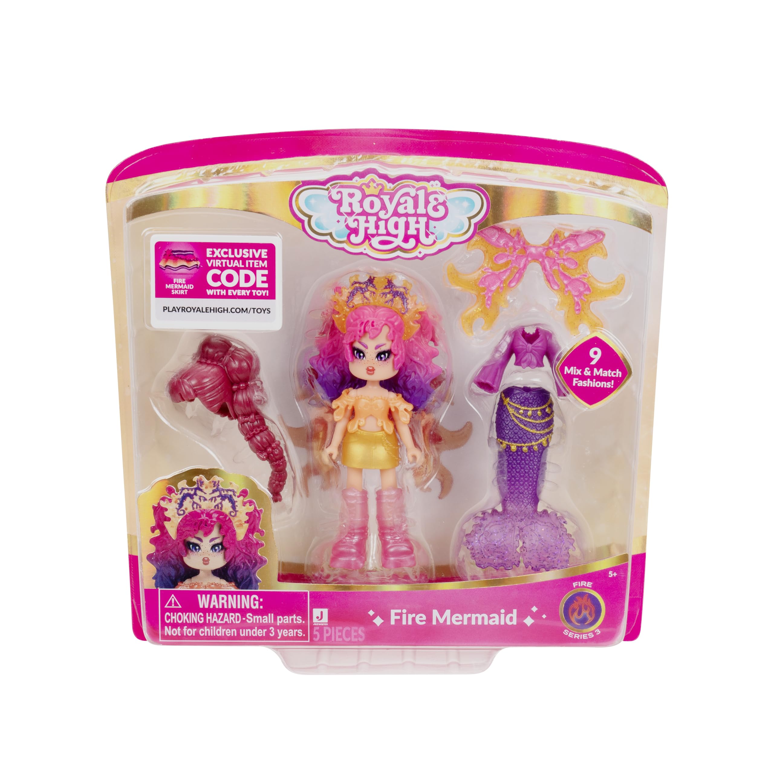 Royale High 3” Fire Mermaid Fashion Doll - 1 Figure with 9 Fashion Accessories - Virtual Item Code Included - Series 3 - Ages 5+