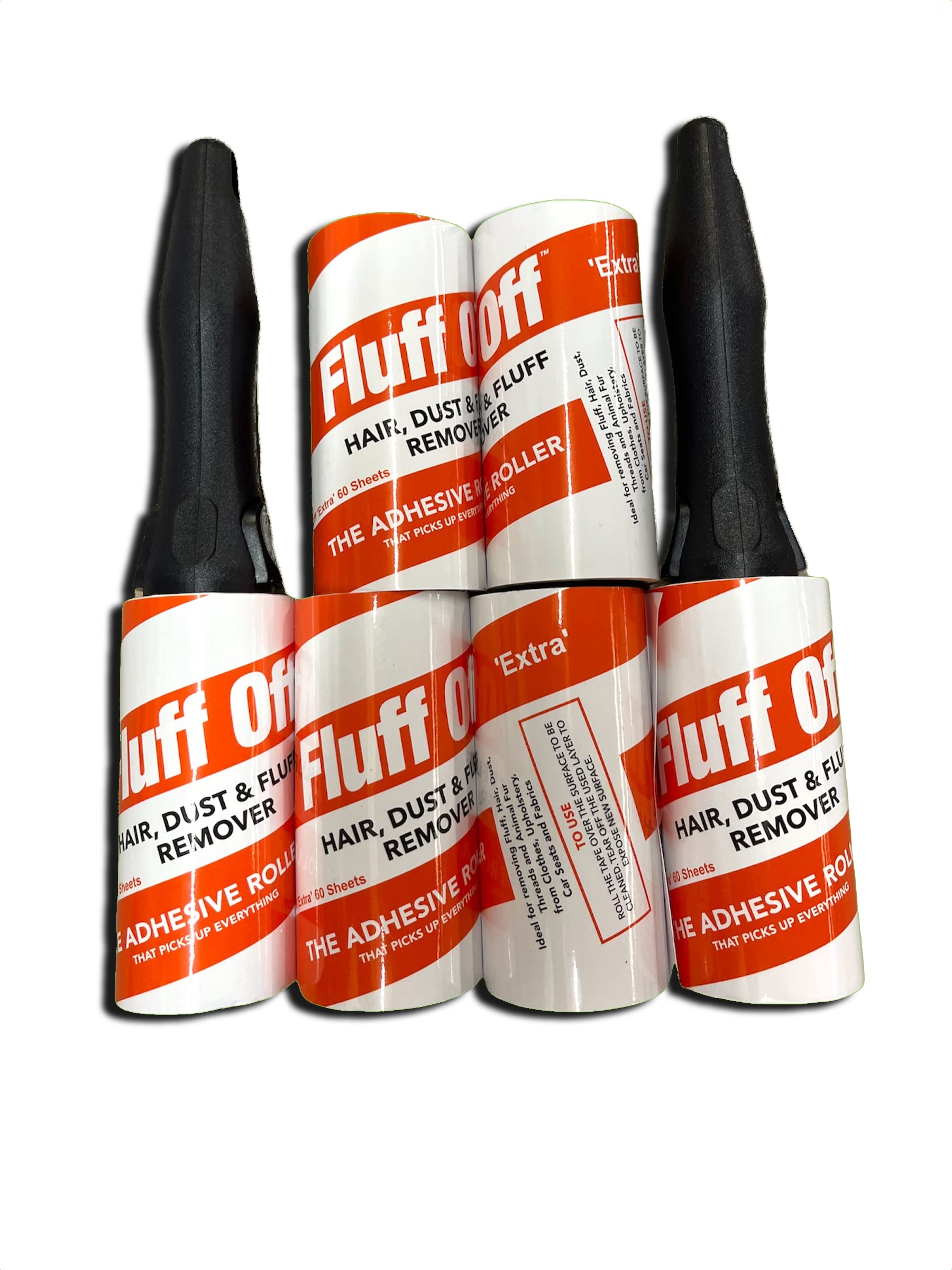 FLUFF OFF 2 Lint Roller Handles and 6 Lint Roller Refills. 60 Easy Peel Spiral Sheets Per Roll