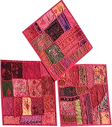 Mogul Interior Set of 3 Boho Decorative Indian Throw Pillow Cases Pink Cotton Embroidered Patchwork Cushion Cover 16 x 16