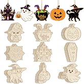 36PCS Wooden Halloween Ornaments to Paint Fall Decorations Crafts for Kids, 9 Styles DIY Blank Autumn Unfinished Wood Skull Pumpkin Ghost Bat Witch Feet Halloween Cutouts for Party Hanging