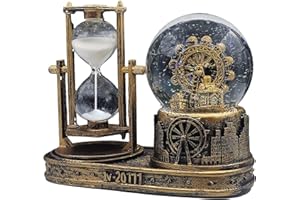 DAYA FASHION LED Crystal Snow Globe with Hourglass Sand Timer, Musical Antique Snow Globe Music Box, Brass Ferris Wheel Decoration for Book Shelf Cabinet Living Room