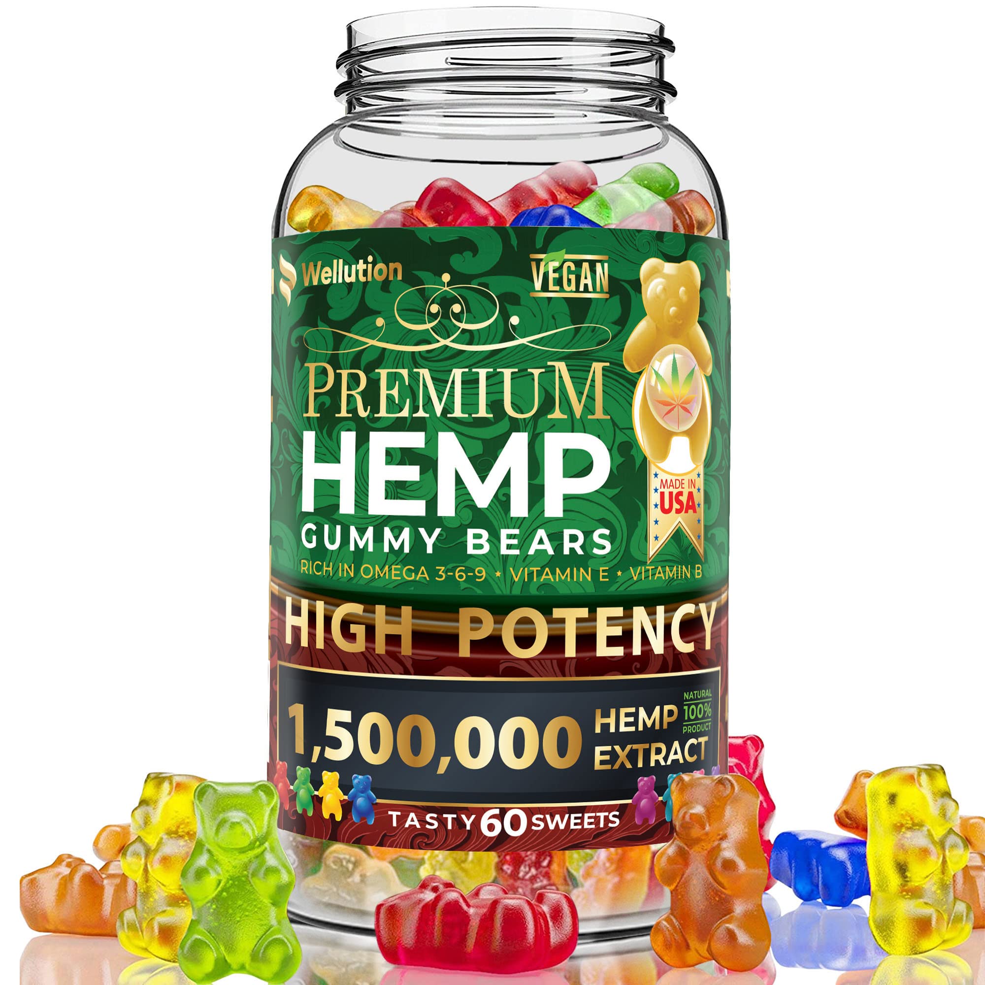 wellution hemp gummies 1,500,000 xxl high potency - fruity gummy bear with hemp oil. natural hemp candy supplements with vitamins and fatty acids…