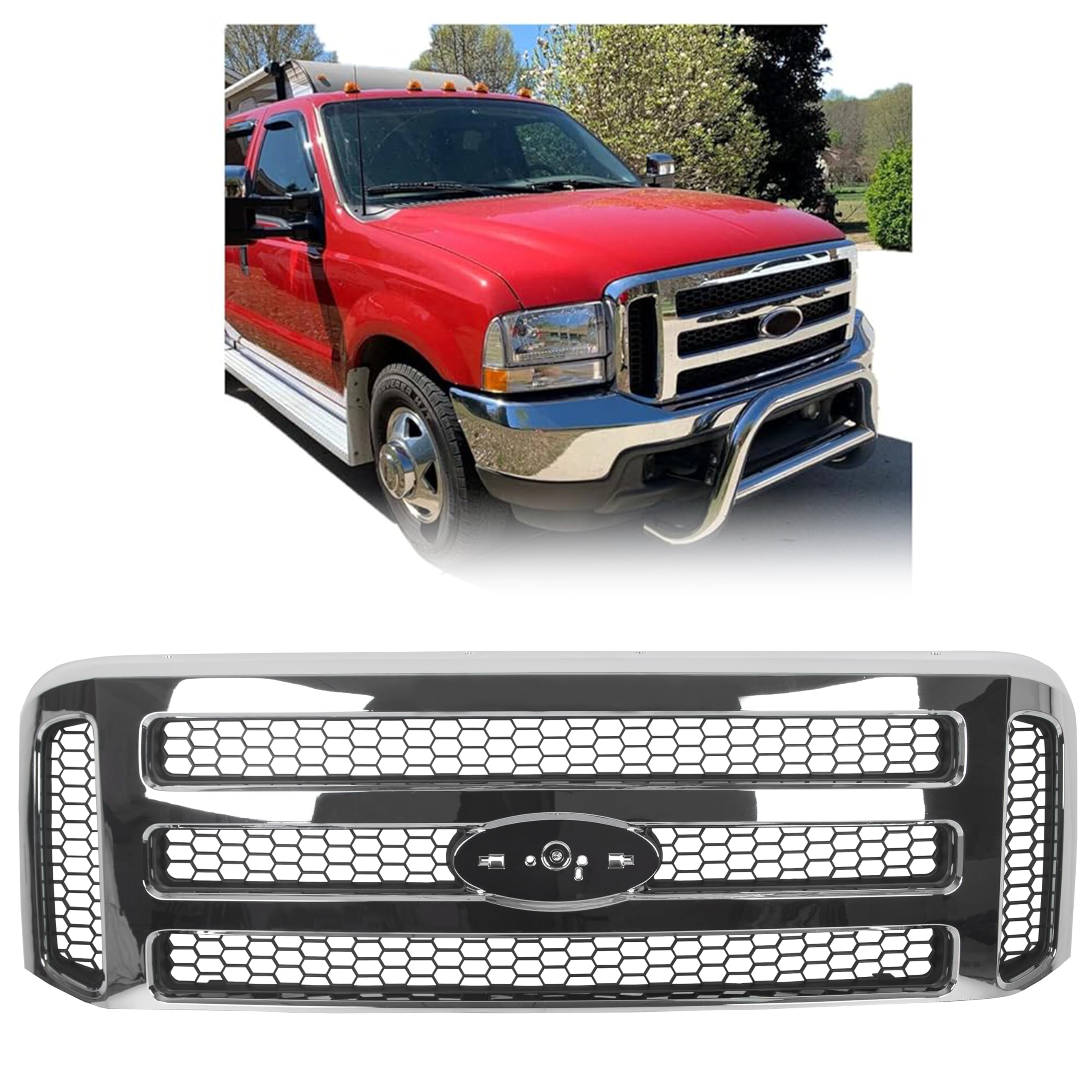 Photo 1 of ***MISSING PARTS***ECOTRIC Front Grille Compatible with Ford 1999-2004 F250 F350 Super Duty 2000-2004 Excursion New Grille Chrome Mesh Style***MISSING PARTS***
