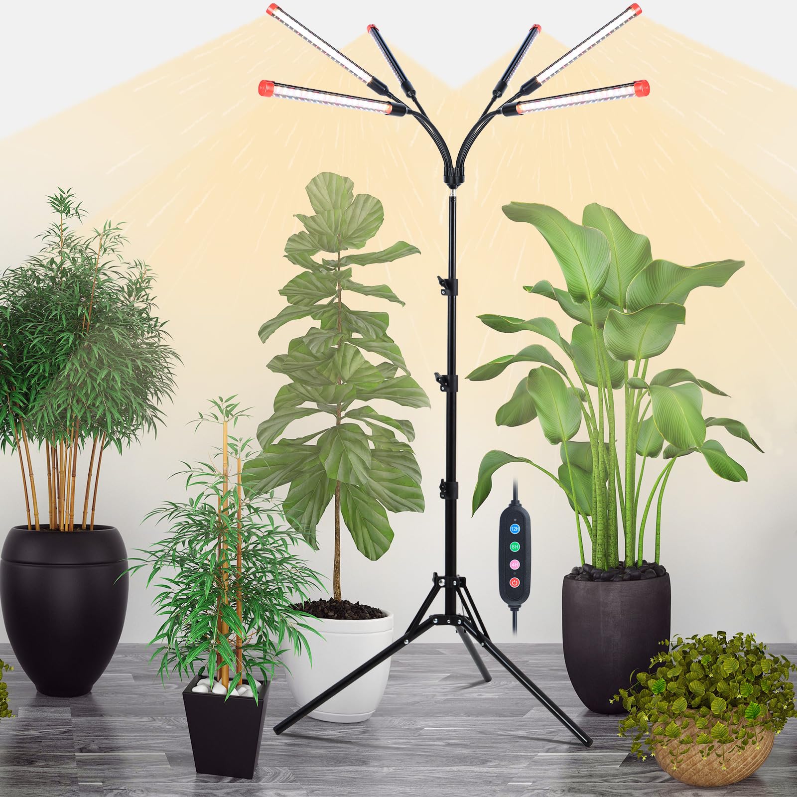Orchbloom 6Head Grow Light on Stand for Large and Tall Indoor Plants, Bonsai Tree, Bright and Big Coverage Plant Growing Lamps, 4/8/12/16/20H Timer, 54 Watt Power Draw, NO Need Adapter, 360° Gooseneck Image