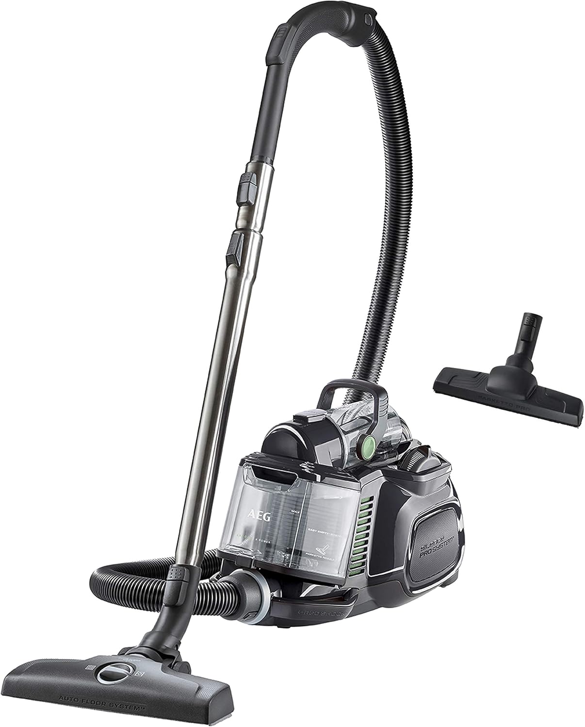 AEG LX7-2-ÖKO Staubsauger ohne Beutel (55% Recyclingmaterial, inkl. Zusatzdüsen, 750 Watt, 9 m Aktionsradius, 1,4 l Staubbehälter, ergonomischer Handgriff, waschbarer Hygiene Filter, schwarz/grün)