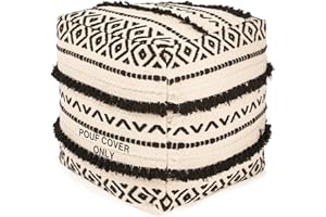 REDEARTH · UNSTUFFED Pouf Ottoman Cover Textured Boho Storage Cube Bean Bag Farmhouse Poof Pouffe Footrest for Living Room, Bedroom, Kidsroom; 100% Cotton (18"X18"X18"; Black Natural)