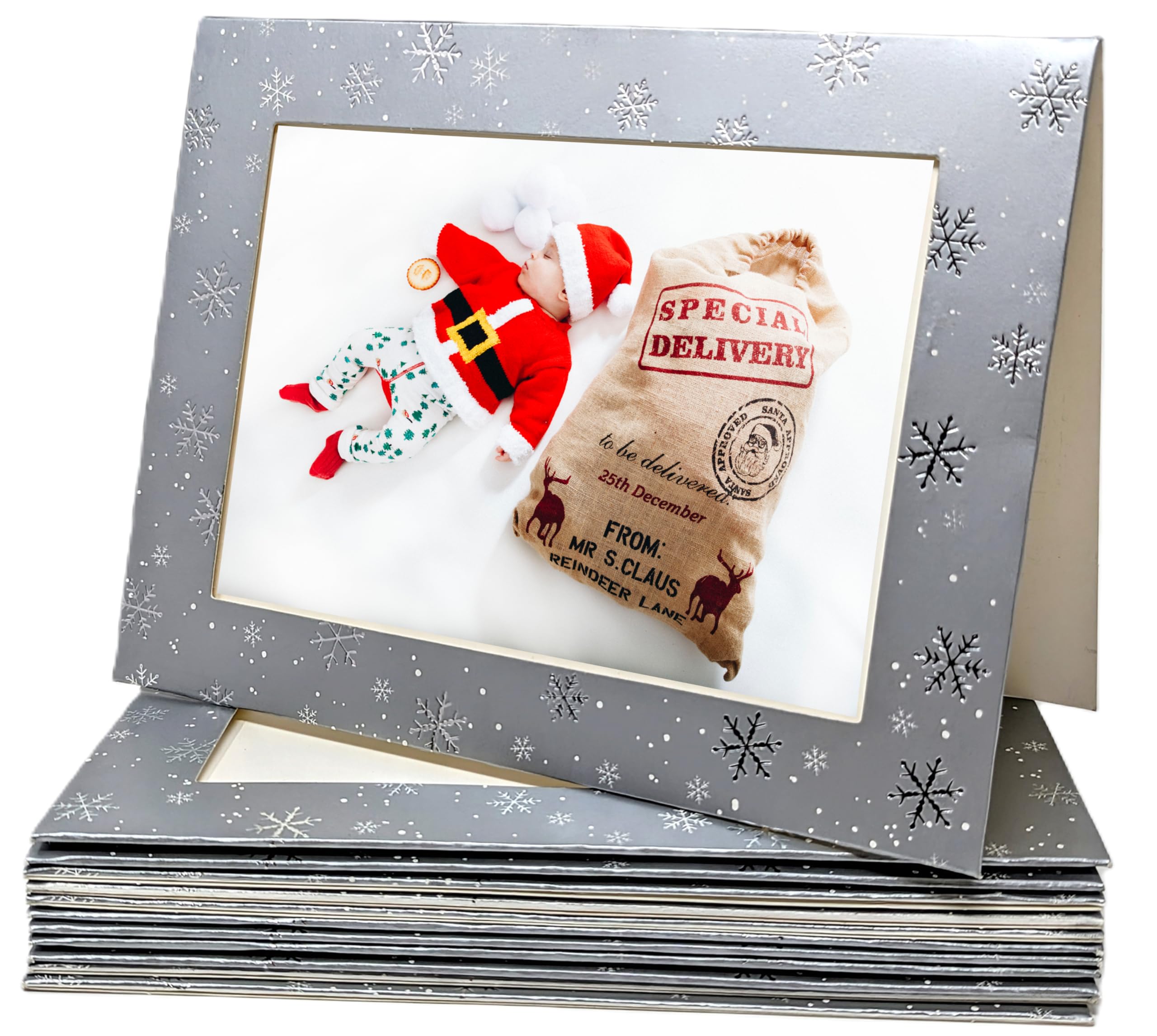 12 Silver Photo Frame Christmas Cards – Holds 6x4” Photos – Personalised Christmas Greeting Cards with Snowflake Design – Blank Inside – Includes White Envelopes – Festive Photo Card Set