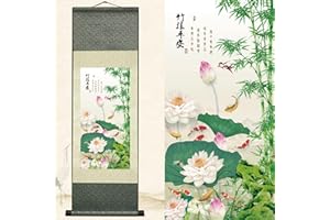 Newscz Asian Wall Art for Living Room Chinoiserie Decor Bamboo Wall Scroll Silk Scroll Painting Art Poster Bamboo Report Safety Oriental Decor Art Mural Ready to Hanger 36 by 12 in