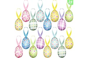 LAIRYAN 24 PCS Easter Eggs Hanging Ornaments, Buffalo Plaid Dots Easter Hanging Eggs, Easter Decorations, Colorful Decorative Eggs Baubles Ornaments, Spring Farmhouse Easter Tree Ornaments Basket Filler Decor