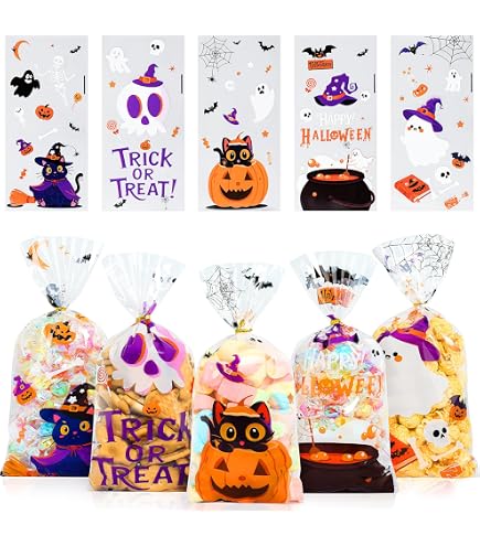 Halloween Cellophane Treat Bags - 100 Count With Twist Ties For Candy & Party Favors