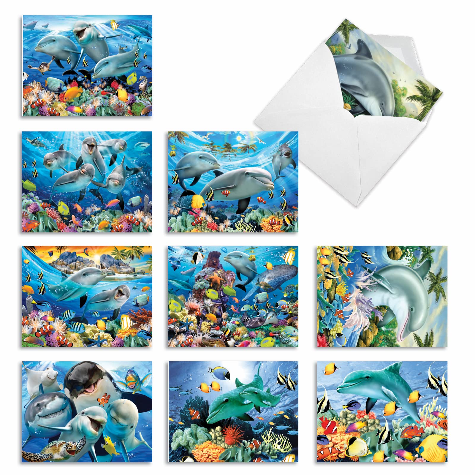 M6643TYGsl Multi Porpoises: 10 Assorted Thank You Note Cards Featuring Frolicking Dolphins with Other Underwater Sea Creature Friends, w/White Envelopes. by The Best Card Company