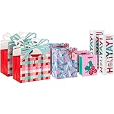 Hallmark Pink, Mint Green and Purple Holiday Gift Bag Assortment (8 Bags: 2 Small 6", 2 Medium 9", 2 Large 7", 2 Wine Bottle Bags 13") Disco Holly, Pink Plaid, Happy HoliYay!