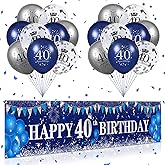 Navy Blue Silver Happy 40th Birthday Yard Banner and Balloons for 40th Birthday Anniversary Party Decorations